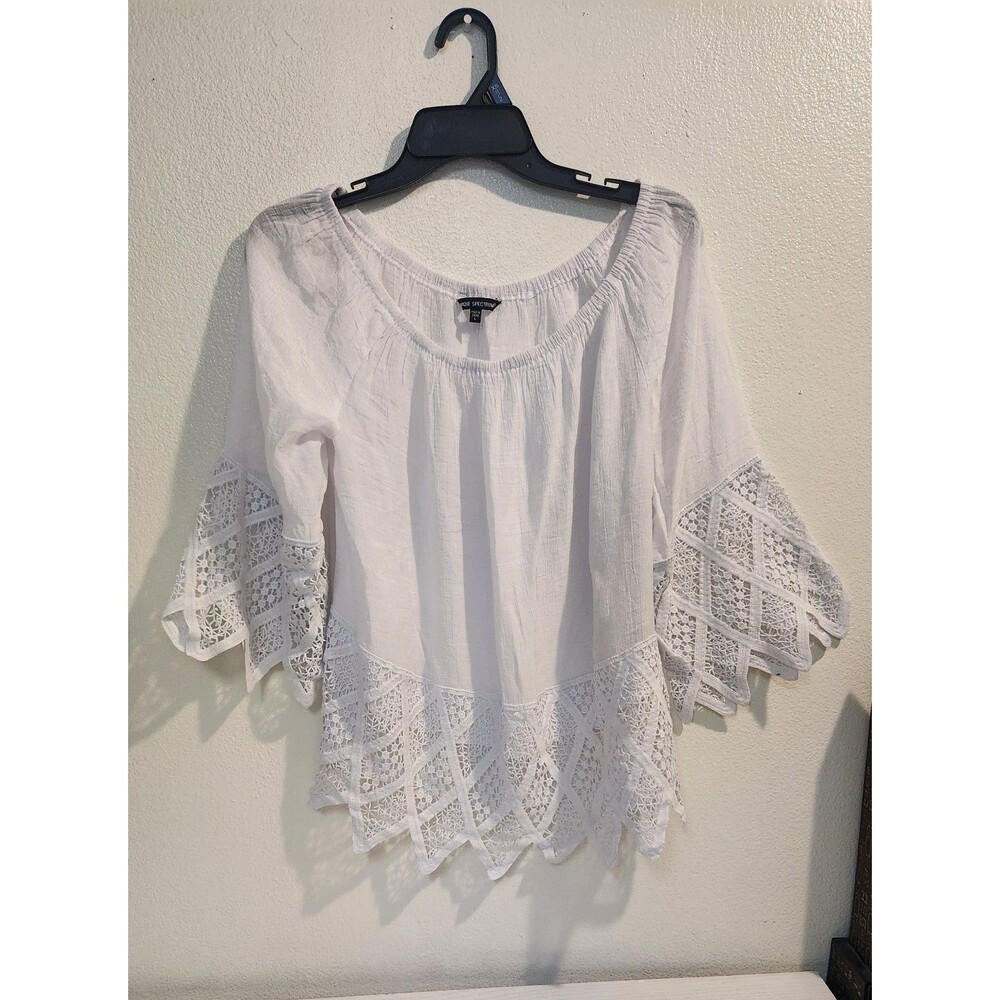 Blue Spectrum White Boho Peasant Blouse Large Crochet Lace Hem Bell Sleeve Top